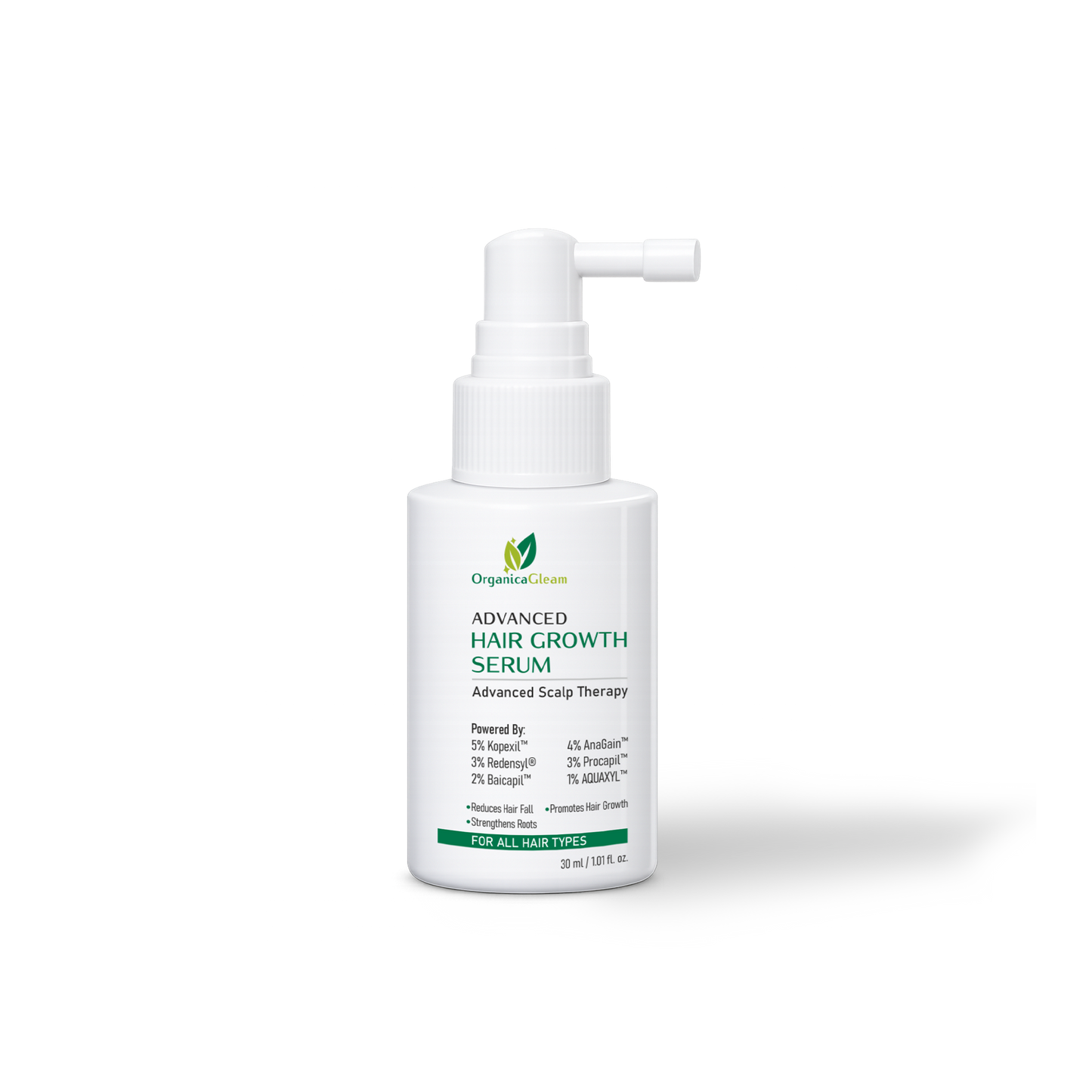 OrganicaGleam Hair Growth Serum for Men & Women | 5% Kopexil™, 4% AnaGain™, 3% Redensyl®, 3% Procapil™, 2% Baicapil™, 1% AQUAXYL™ | Advanced Scalp Therapy | Lightweight Leave-On Scalp Serum | All Hair Types | 30 ml
