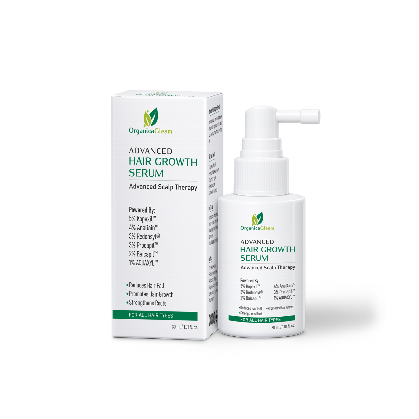 OrganicaGleam Hair Growth Serum for Men & Women | 5% Kopexil™, 4% AnaGain™, 3% Redensyl®, 3% Procapil™, 2% Baicapil™, 1% AQUAXYL™ | Advanced Scalp Therapy | Lightweight Leave-On Scalp Serum | All Hair Types | 30 ml