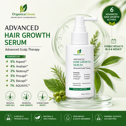 OrganicaGleam Hair Growth Serum for Men & Women | 5% Kopexil™, 4% AnaGain™, 3% Redensyl®, 3% Procapil™, 2% Baicapil™, 1% AQUAXYL™ | Advanced Scalp Therapy | Lightweight Leave-On Scalp Serum | All Hair Types | 30 ml